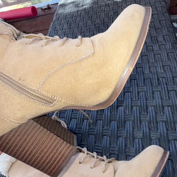 Tan High Heel Ankle Boots Booties Suede Fur Trim Women Size 7 - Picture 6 of 11